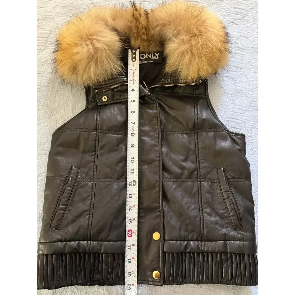 Women's Only Unique Appearance Black‎ Leather Vest Fox Removable Collar Sz XS